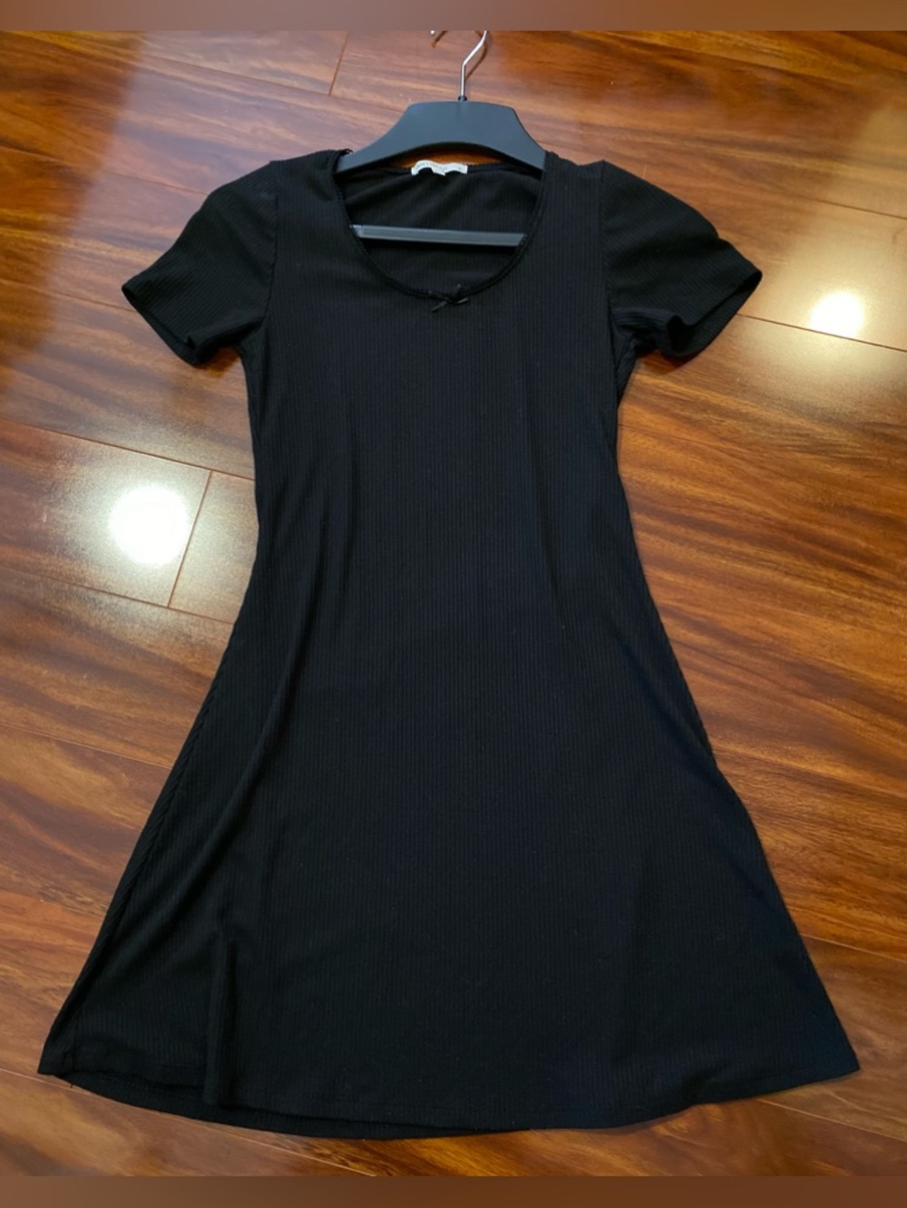 Antistar Black Short-Sleeve Ribbed Fit-and-Flare mini Dress